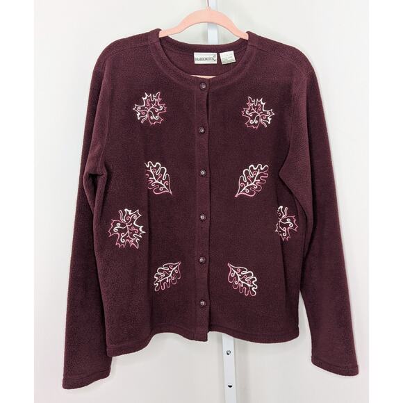 Y2K Embroidered Leaf Fleece Cardigan - Picture 1 of 6